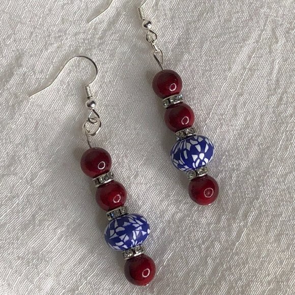 Lovely Silver Plated Quartz and Polymer Clay Beaded Dangle Earrings- Handmade - Picture 1 of 2